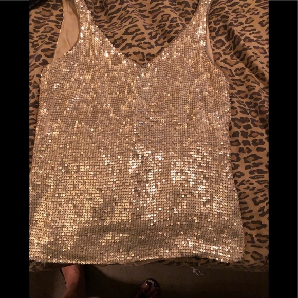 Anne Klein  small flowy gold sequin lined camisole/tank double V-neck zip back - Picture 4 of 14